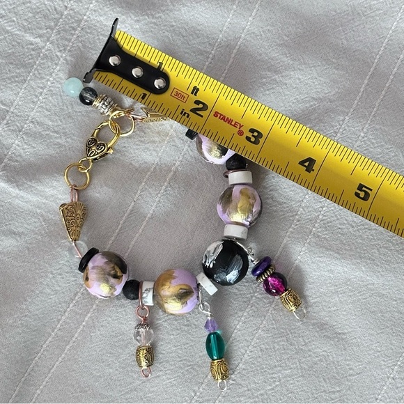 Handmade Boho Bracelet Hand Painted Wooden Beads Glass Charm Lobster Clasp 7-8 - Picture 5 of 6